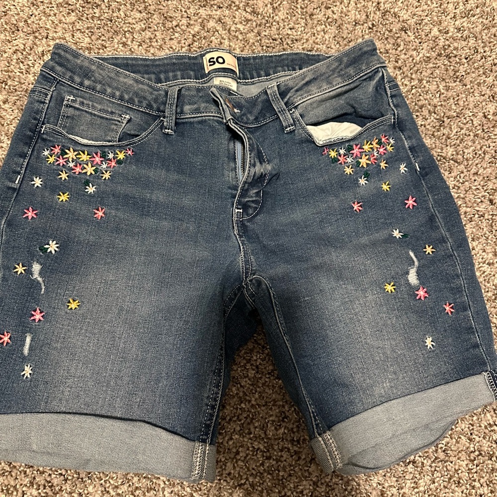 SO Kids Floral Embroidered Jean Shorts - Blue